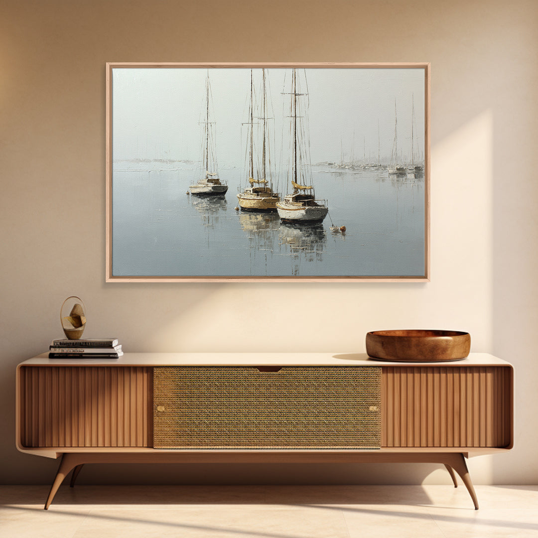 Quiet Harbor with Sailboats at Dawn Framed Canvas Print, Hotel Art, Coastal Wall Art, Hotel Decor, Oil Painting, Boutique, HOT-3x2-74