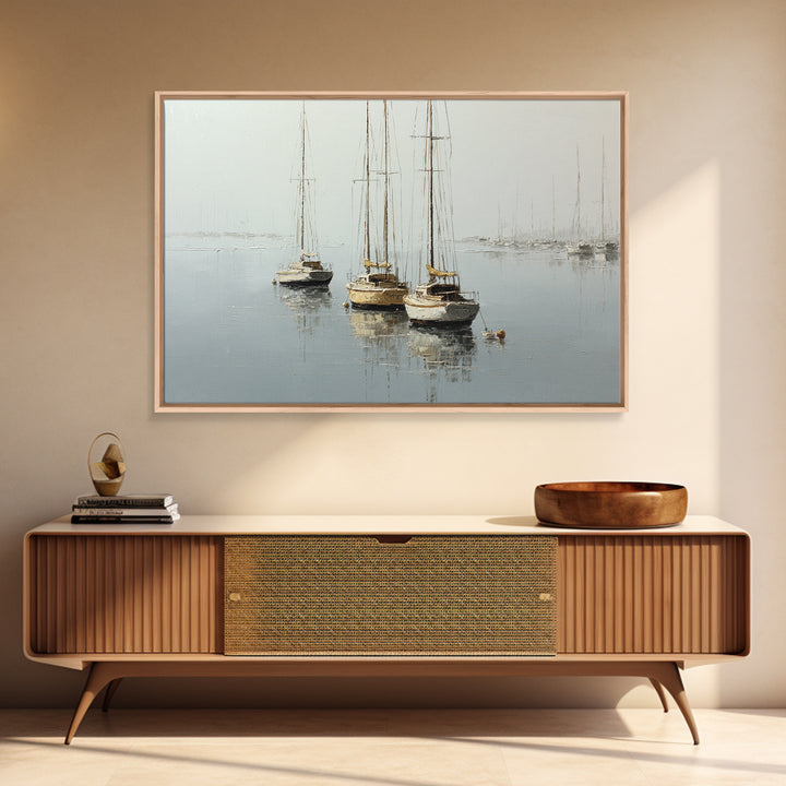 Quiet Harbor with Sailboats at Dawn Framed Canvas Print, Hotel Art, Coastal Wall Art, Hotel Decor, Oil Painting, Boutique, HOT-3x2-74