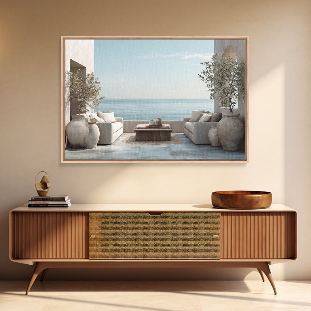 Mediterranean Terrace View Focused on Sea and Framed Canvas Print, Hotel Art, Poster, Hotel Decor, Fine Art, Boutique, HOT-3x2-87