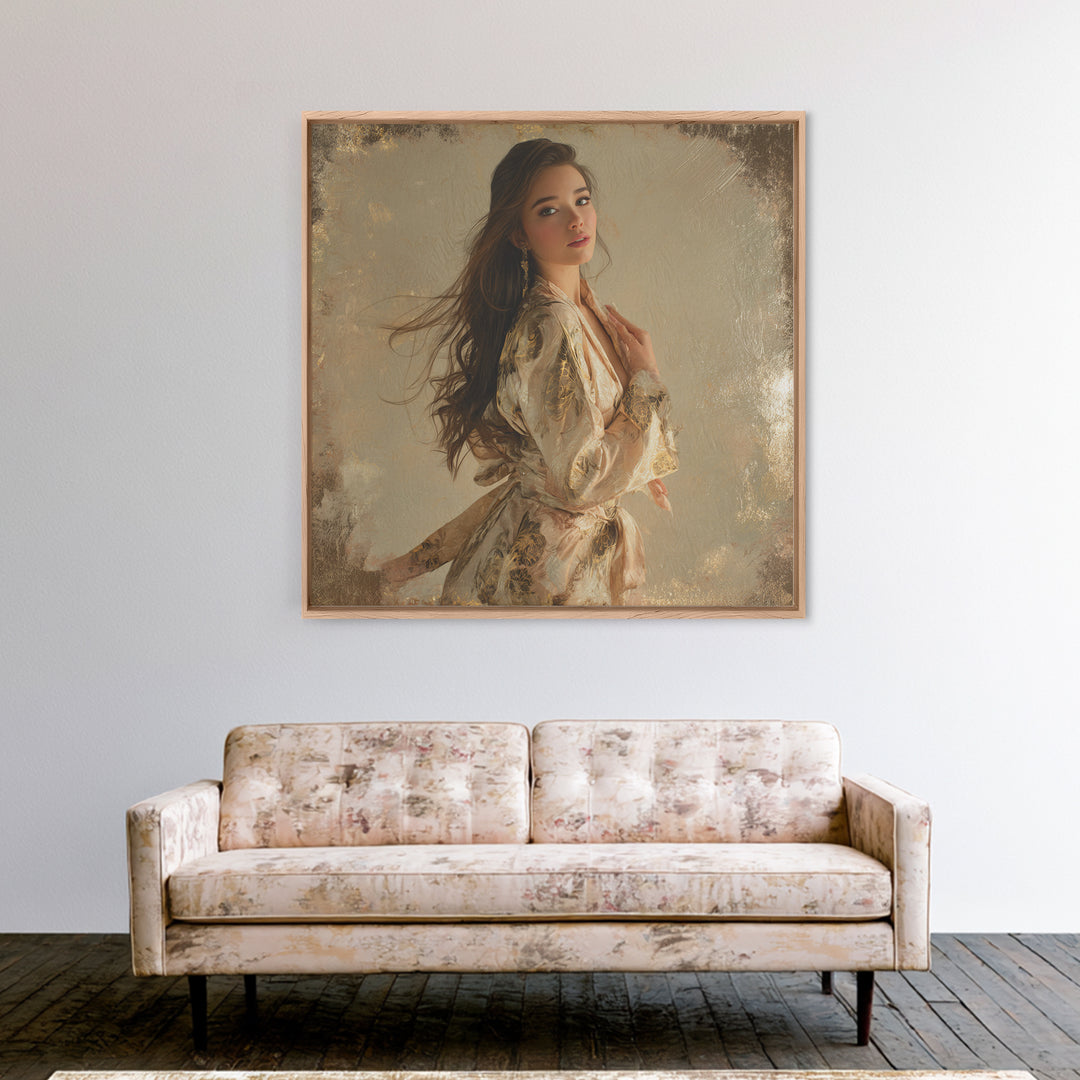 Fashion Portrait with Flowing Glossy Hair Canvas Print, Hair Salon Art, Neutral Decor, Living Room Decor, Oil Painting, Style, HSA-1x1-25