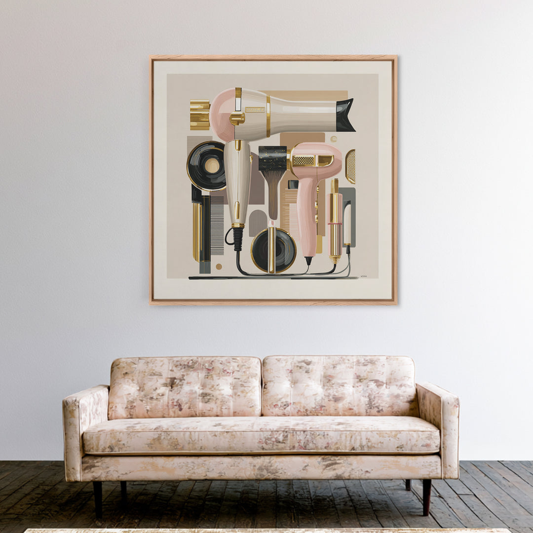 Hairdryer and Brush Framed Canvas Print, Hair Salon Art, Fine Art Print, Living Room Decor, Abstract Art, Style, Wall Decor, HSA-1x1-33