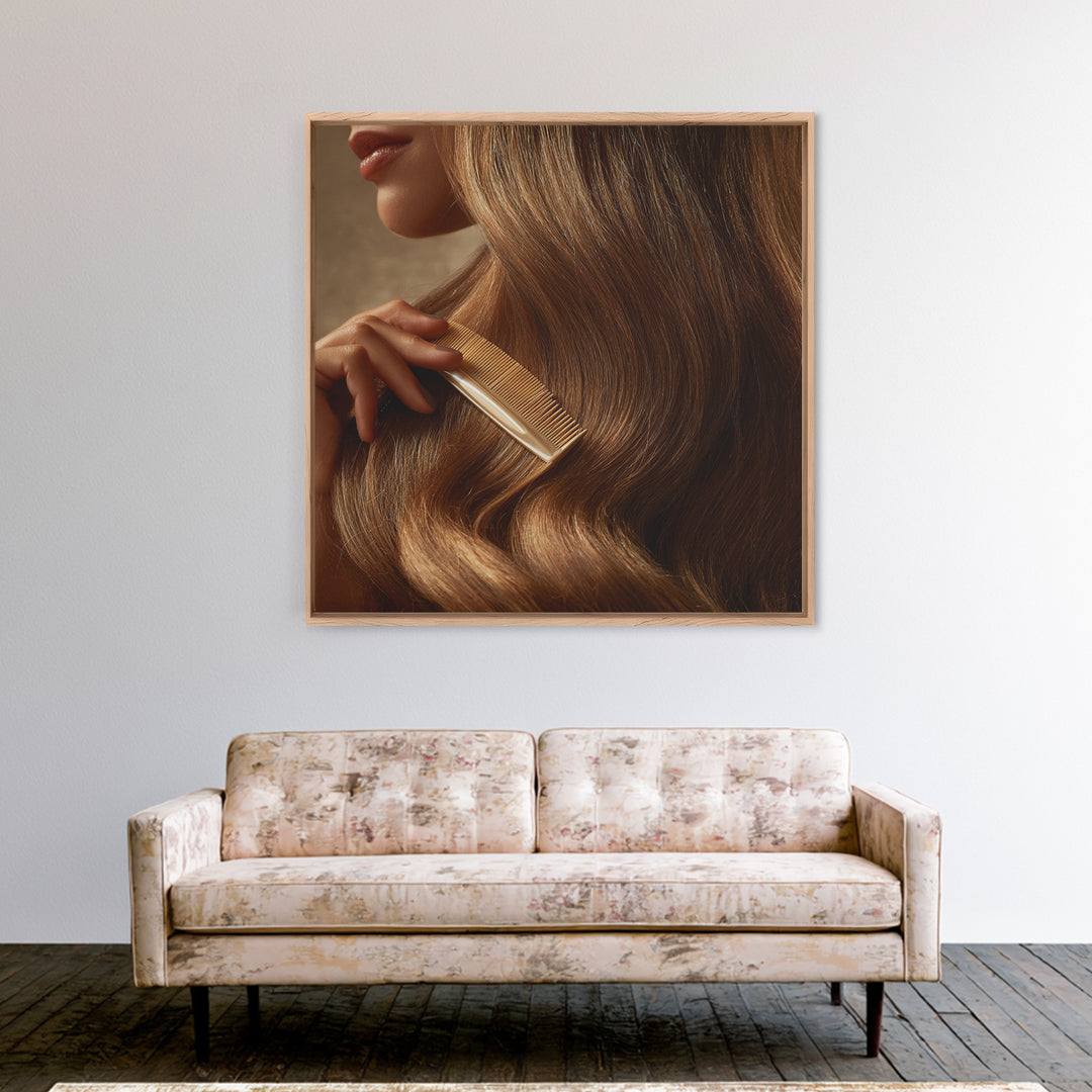 Elegant Hands Styling Hair Framed Canvas Print, Hair Salon Art, Afrocentric Art, Living Room Decor, Style, Statement Artwork, HSA-1x1-46