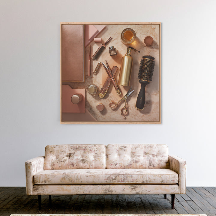 Rose Gold Salon Tool Still Life Framed Canvas Print, Hair Salon Art, Hairdresser Gift, Living Room Decor, Fine Art, Style, HSA-1x1-62