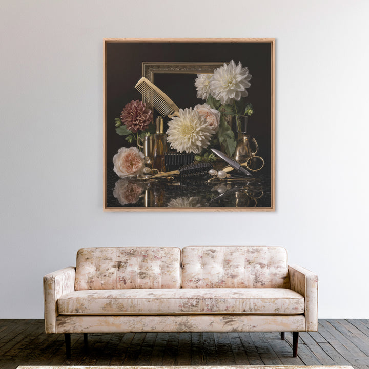 Baroque Mirror and Comb Still Life Framed Canvas Print, Hair Salon Art, Home Decor, Living Room Decor, Fine Art, Style, HSA-1x1-65