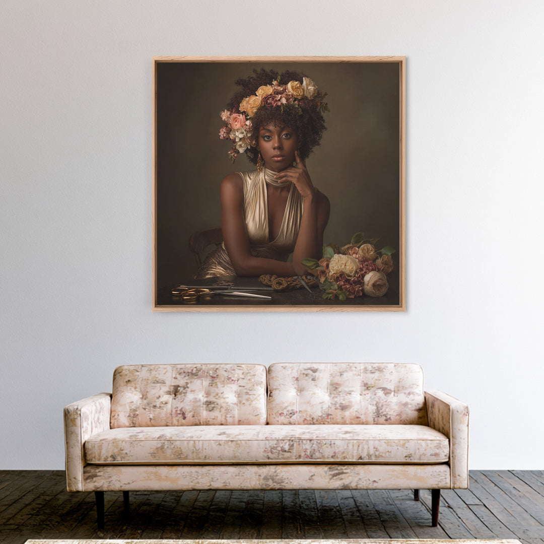 Afro Hair Portrait Framed Canvas Print, Hair Salon Art, Black Woman Wall Art, Living Room Decor, Oil Painting, Style, HSA-1x1-68