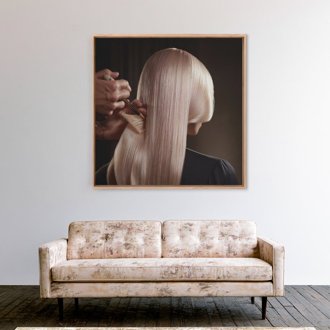 Elegant Hands Styling Hair Framed Canvas Print, Hair Salon Art, Afrocentric Art, Living Room Decor, Style, Statement Artwork, HSA-1x1-70
