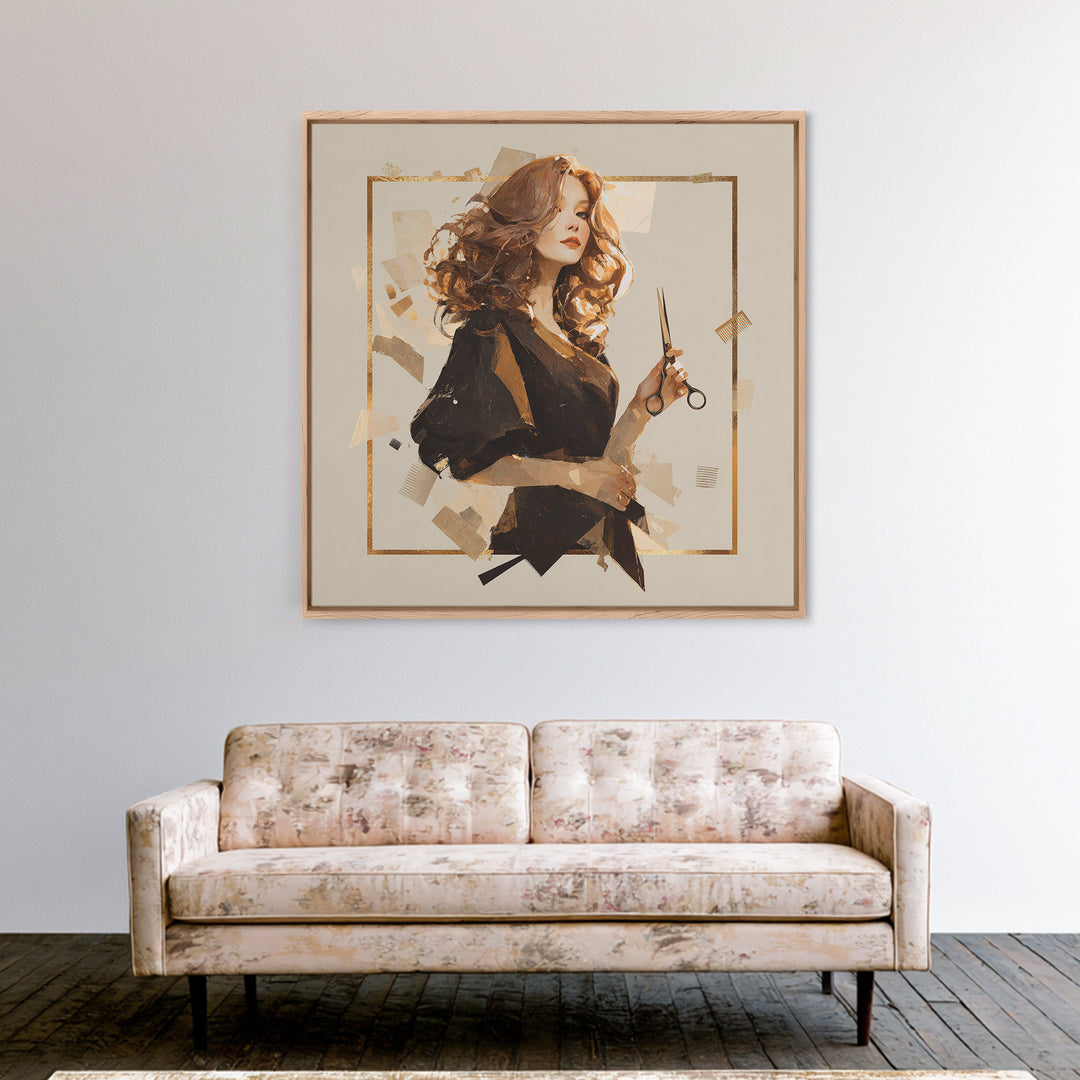 Luxury Black and Gold Beauty Emblem Framed Canvas Print, Hair Salon Art, Hair Stylist, Living Room Decor, Abstract Art, Style, HSA-1x1-72
