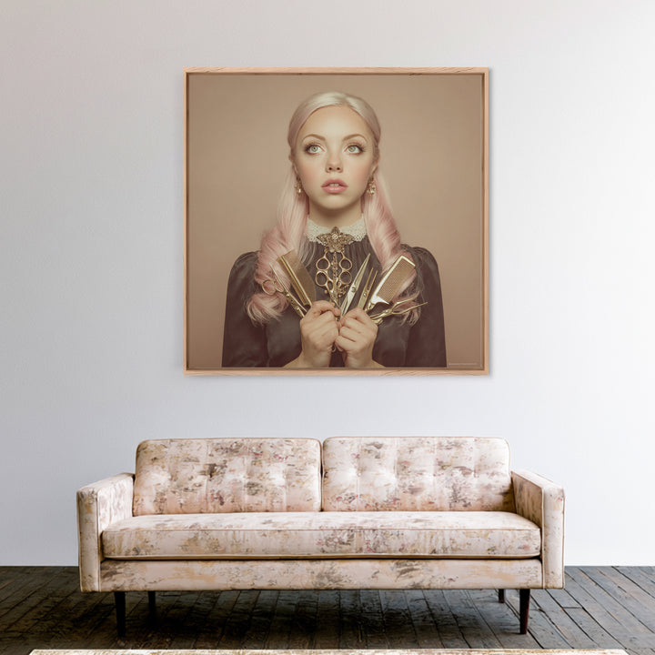 Glamour Face Portrait Framed Canvas Print, Hair Salon Art, Metal Wall Art, Living Room Decor, Style, Black and White Art, HSA-1x1-8
