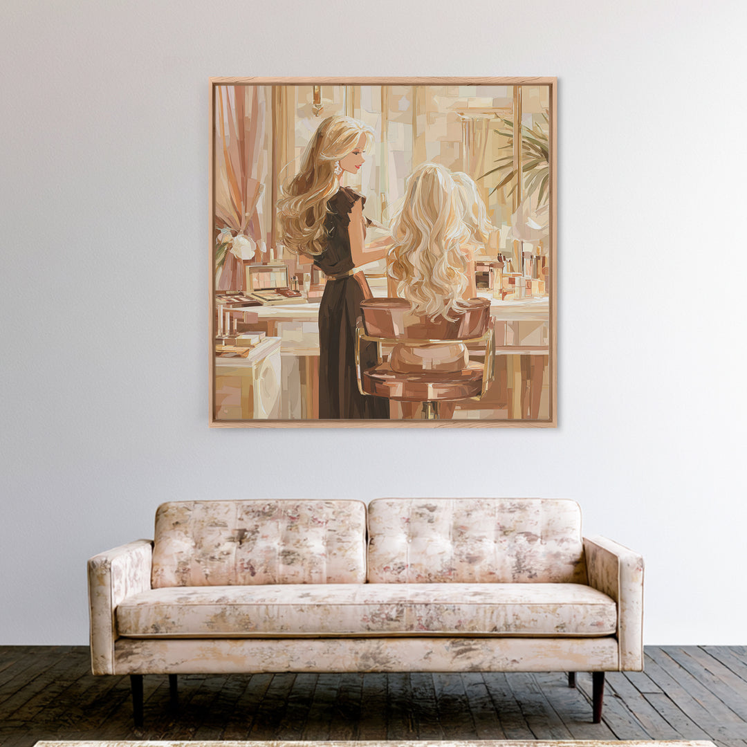 Blonde Waves Painted Framed Canvas Print, Hair Salon Art, Textured Painting, Living Room Decor, Fine Art, Style, Black Art, HSA-1x1-88