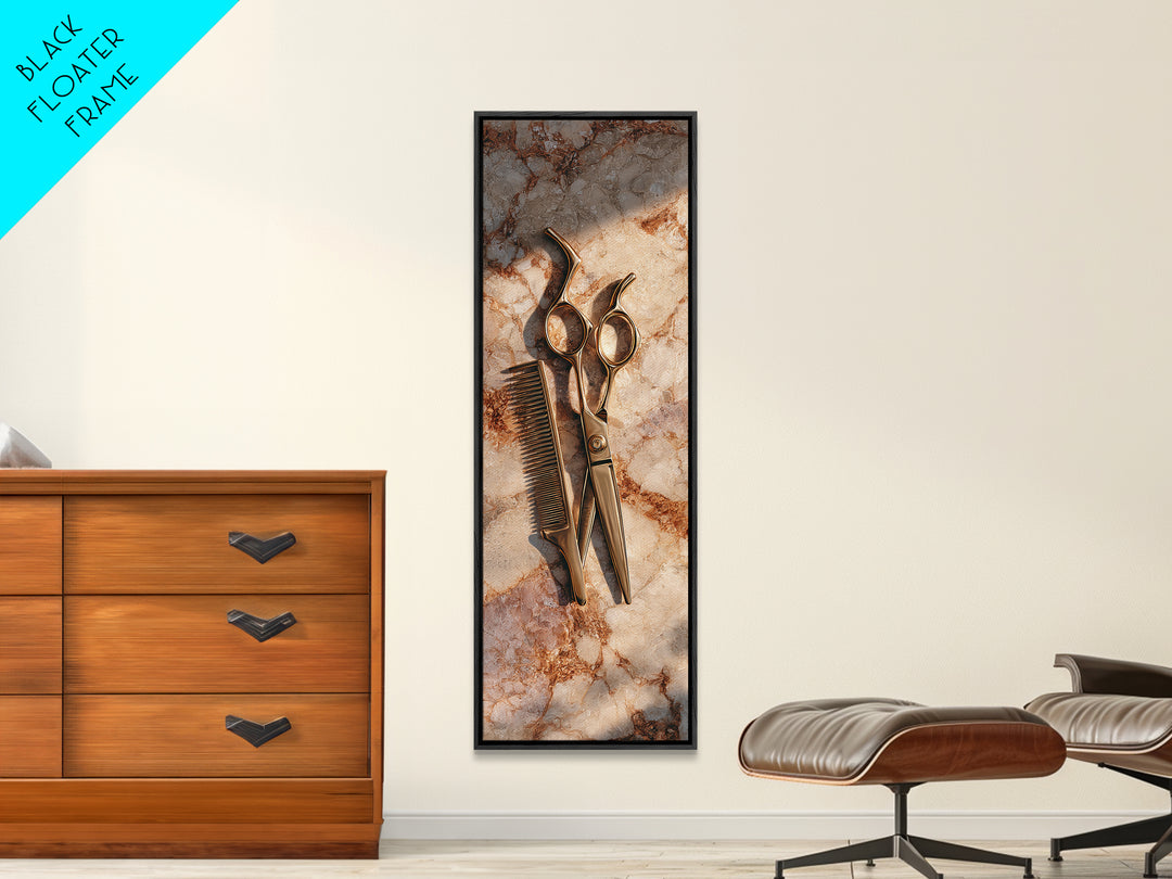 Gold Scissors and Comb Still Life on Canvas Print, Hair Salon Art, Salon Sign, Living Room Decor, Fine Art, Style, Luxury Decor, HSA-1x3-38