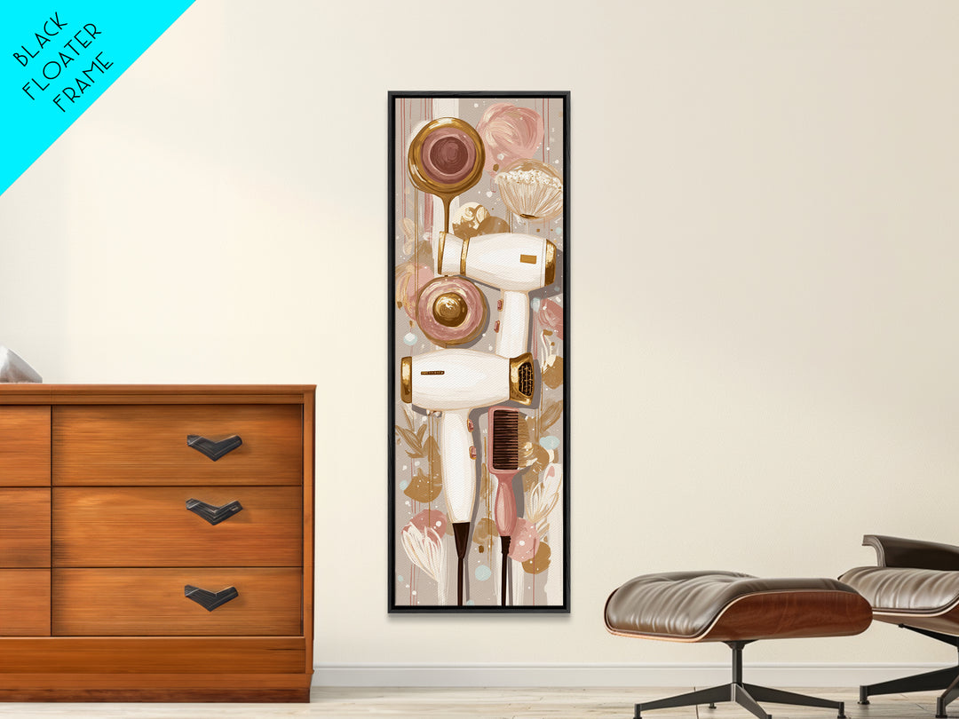 Hairdryer and Brush Framed Canvas Print, Hair Salon Art, Boho Decor, Living Room Decor, Oil Painting, Style, Art Print, HSA-1x3-45