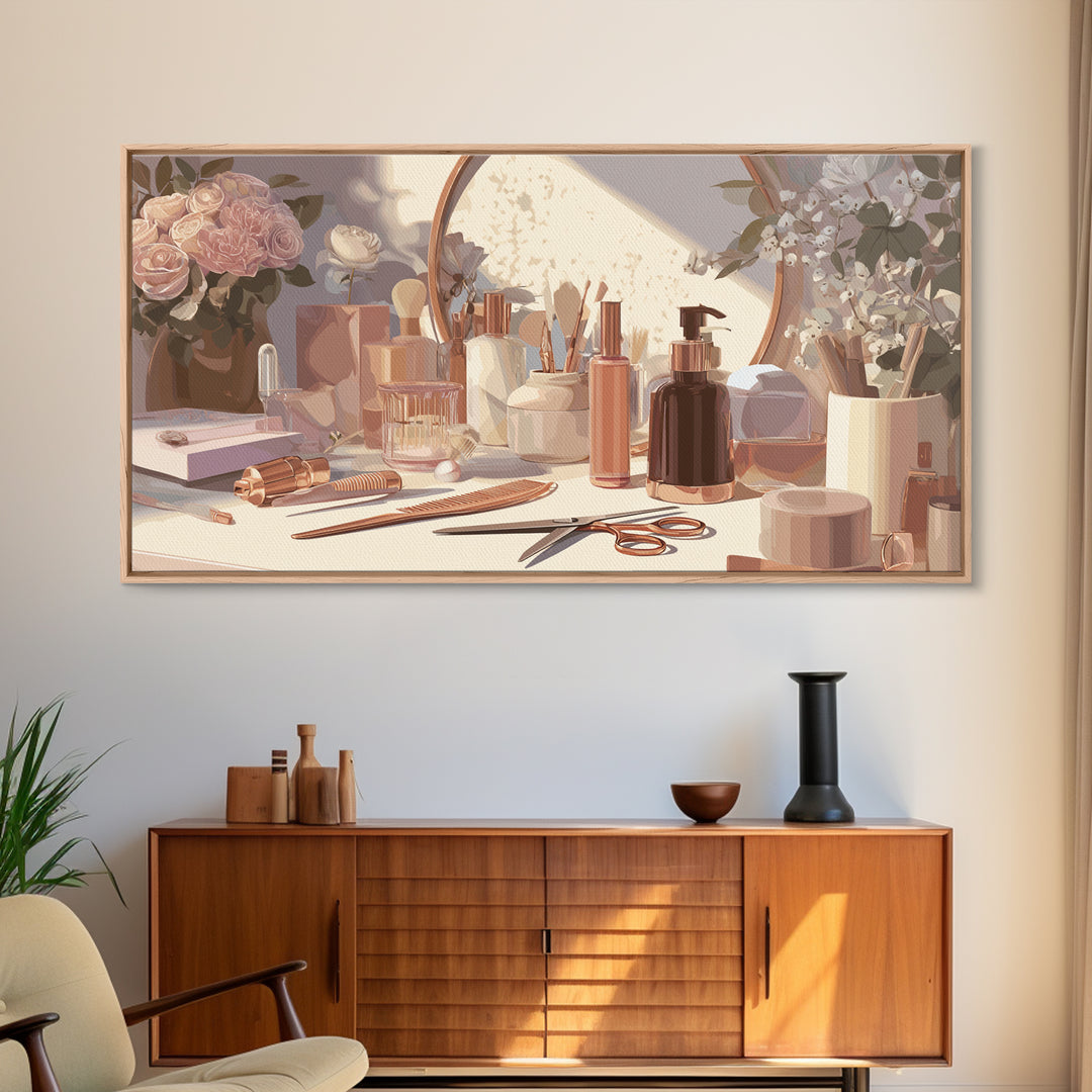 Rose Gold Salon Tool Still Life Framed Canvas Print, Hair Salon Art, Luxury Decor, Living Room Decor, Fine Art, Style, HSA-2x1-10