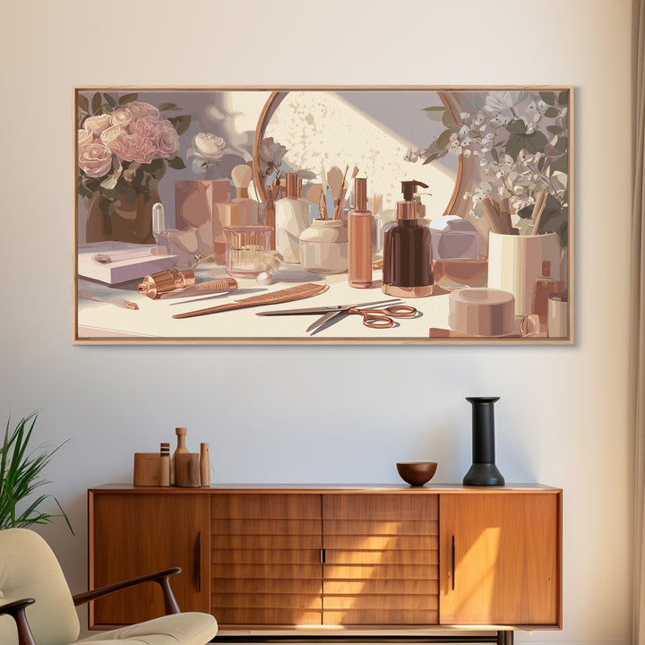 Rose Gold Salon Tool Still Life Framed Canvas Print, Hair Salon Art, Luxury Decor, Living Room Decor, Fine Art, Style, HSA-2x1-10