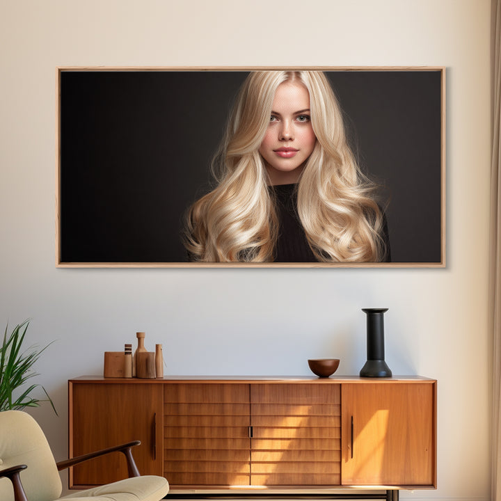 Blonde Waves Painted Framed Canvas Print, Hair Salon Art, Luxury Decor, Living Room Decor, Fine Art, Style, Printable Wall Art, HSA-2x1-12