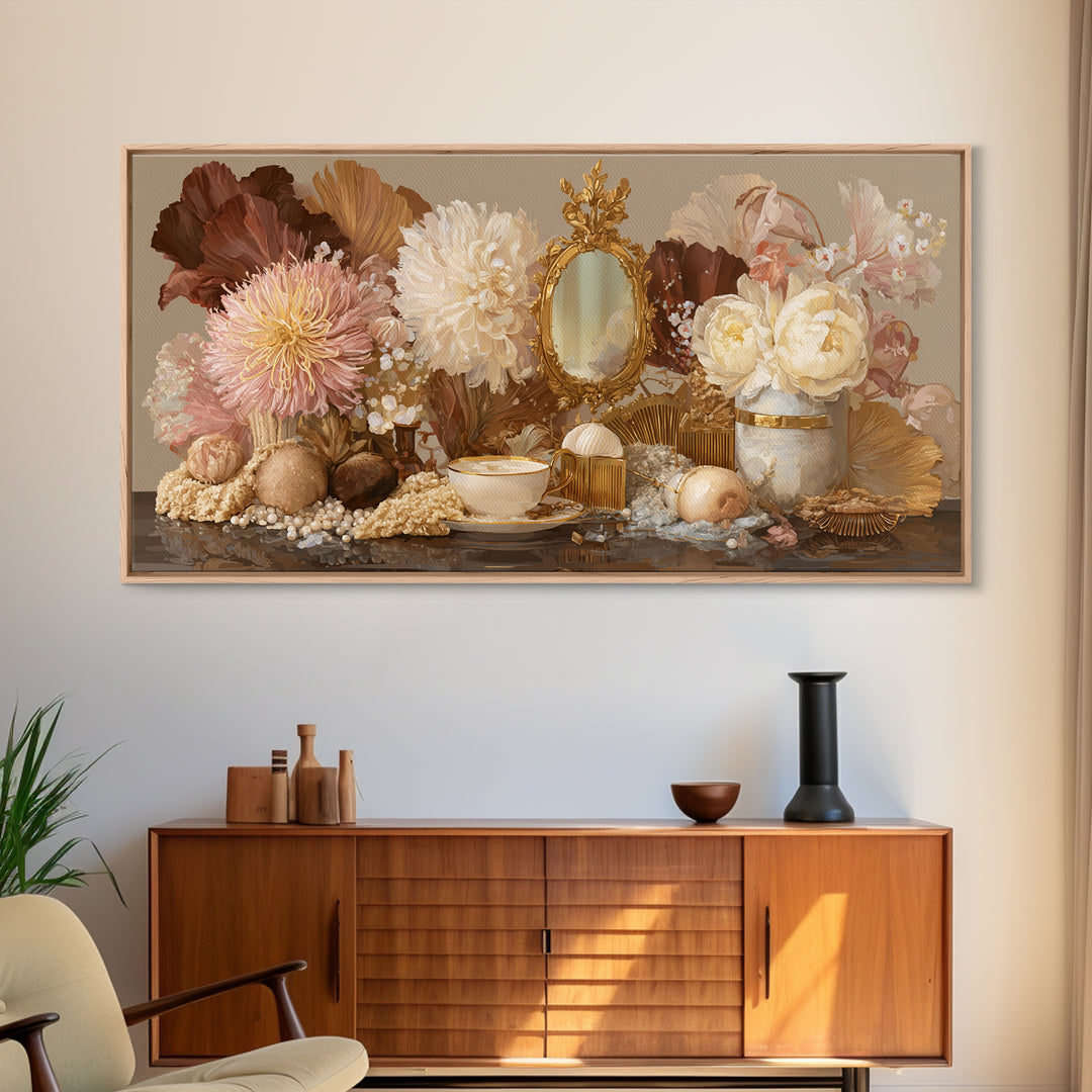 Baroque Mirror and Comb Still Life Framed Canvas Print, Hair Salon Art, Minimalist Decor, Living Room Decor, Fine Art, Style, HSA-2x1-13