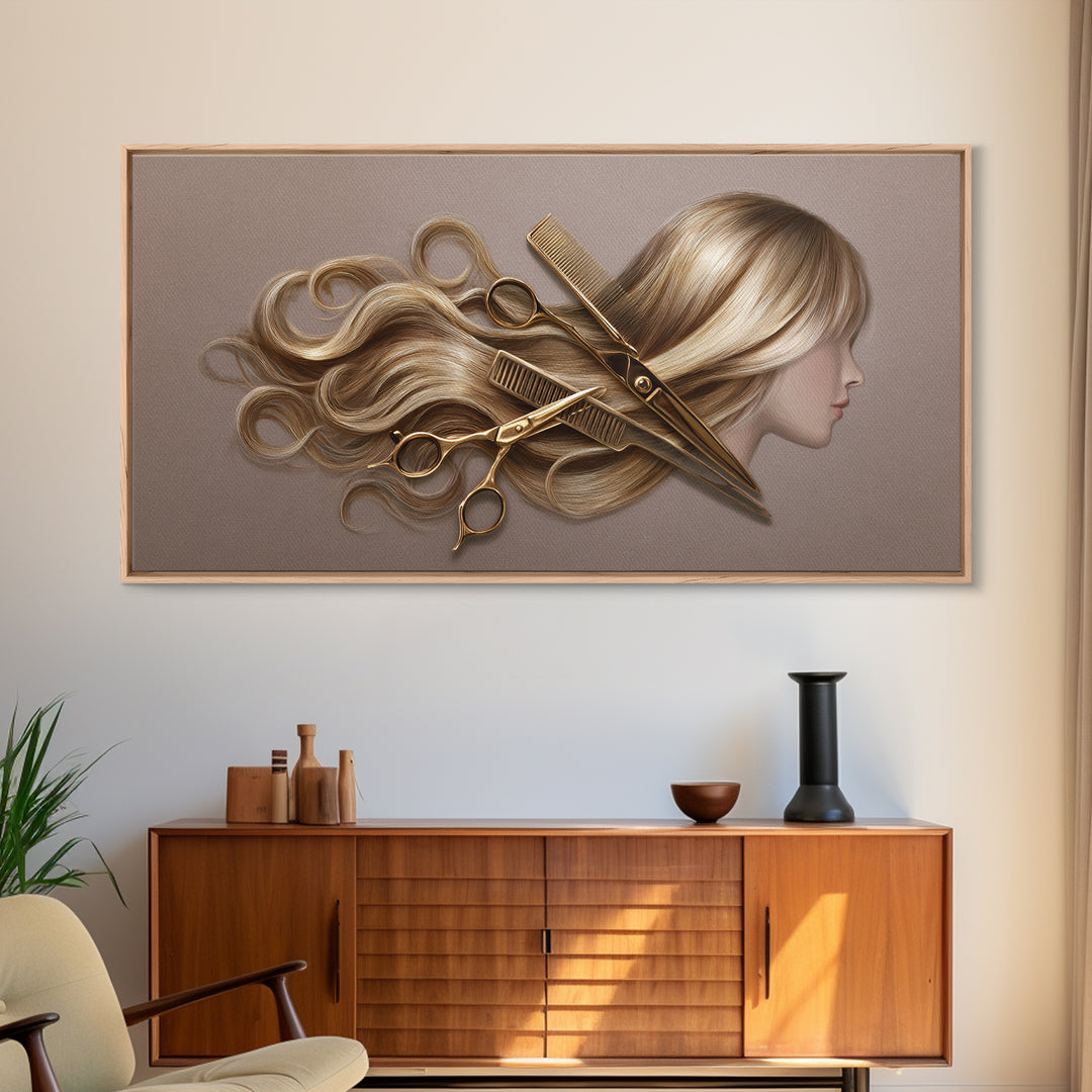 Luxury Black and Gold Beauty Emblem Framed Canvas Print, Hair Salon Art, Fine Art Print, Living Room Decor, Fine Art, Style, HSA-2x1-20