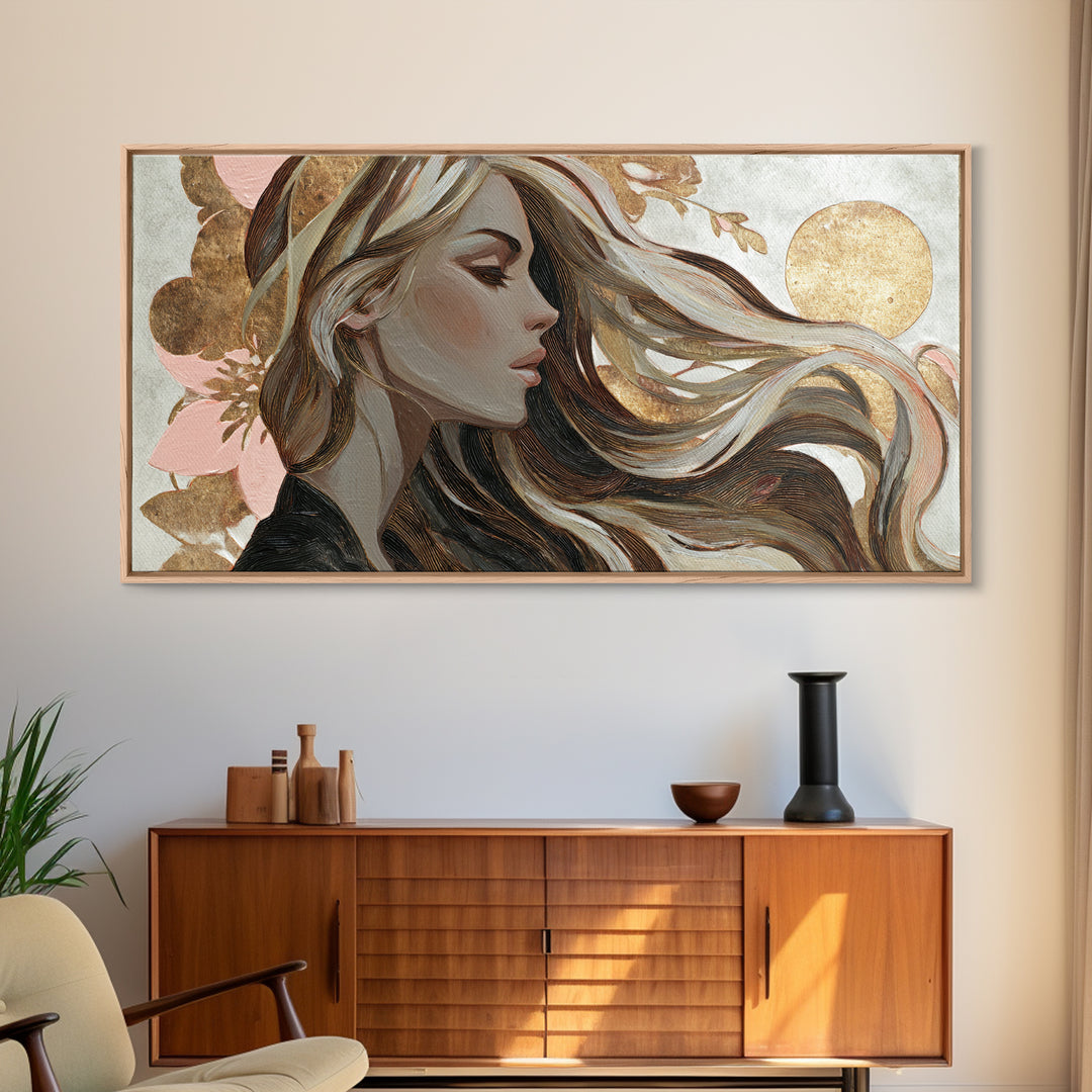 Fashion Portrait with Flowing Glossy Hair Canvas Print, Hair Salon Art, Wall Art, Living Room Decor, Fine Art, Style, HSA-2x1-21