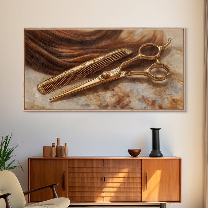 Gold Scissors and Comb Still Life on Canvas Print, Hair Salon Art, Statement Artwork, Living Room Decor, Fine Art, Style, HSA-2x1-22