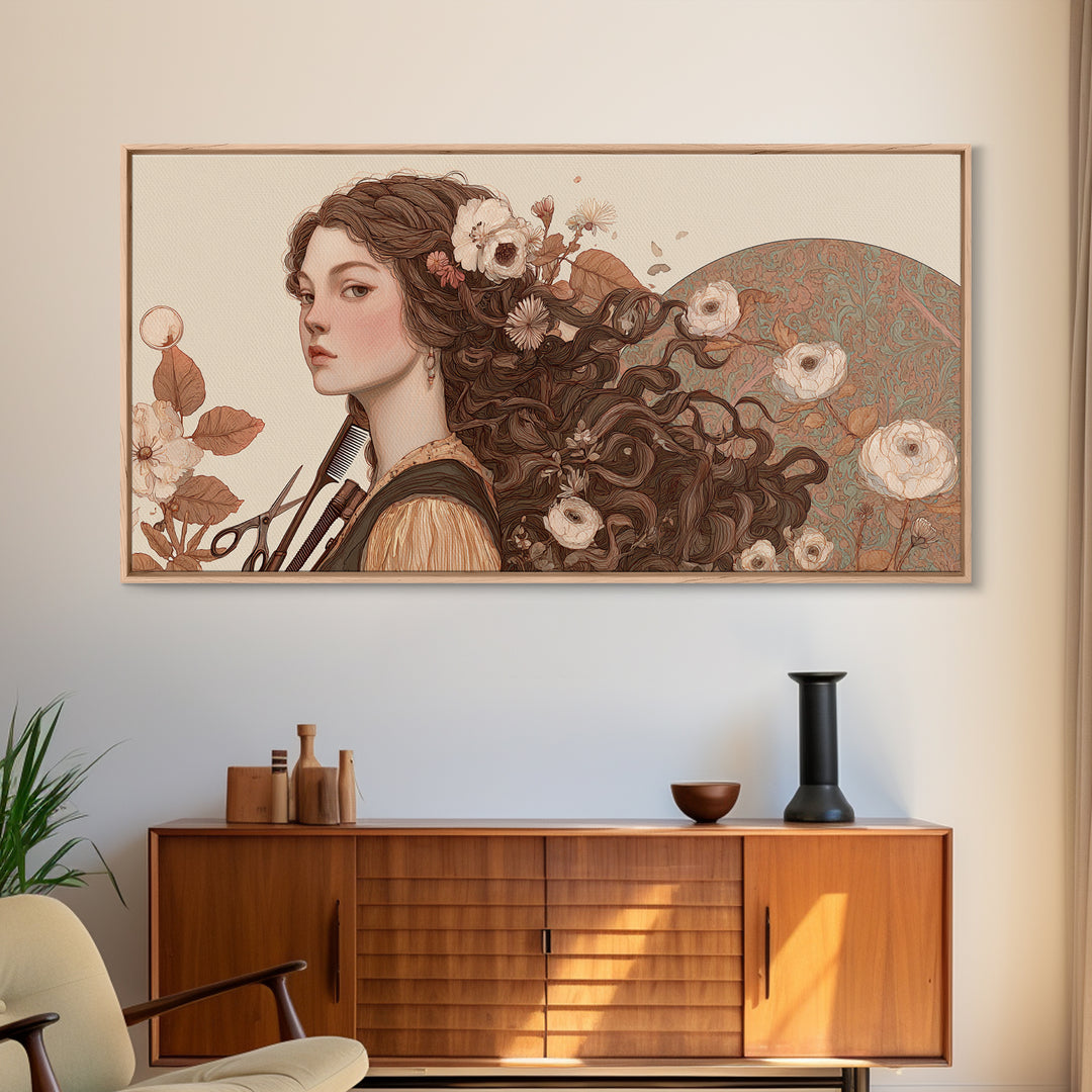 Botanical Hairstyle Portrait Canvas Print, Hair Salon Art, Boho Decor, Living Room Decor, Fine Art, Style, Art Print, HSA-2x1-26