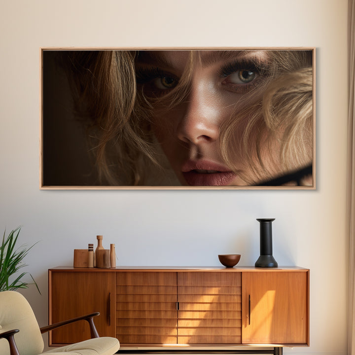 Glamour Face Portrait Framed Canvas Print, Hair Salon Art, Minimalist Decor, Living Room Decor, Fine Art, Style, Black Wall Art, HSA-2x1-28