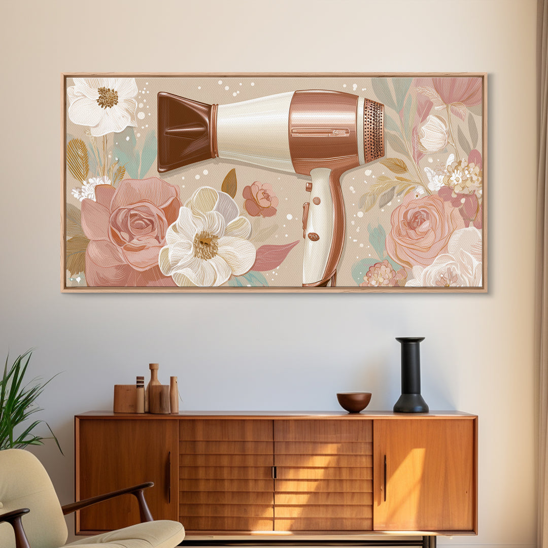 Hairdryer and Brush Framed Canvas Print, Hair Salon Art, Art, Living Room Decor, Watercolor Art, Style, Black Art Prints, HSA-2x1-29