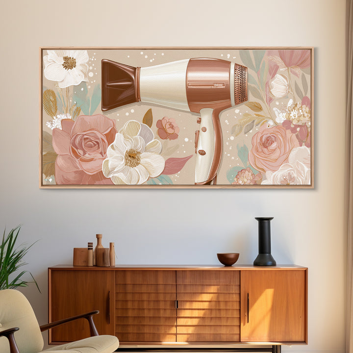 Hairdryer and Brush Framed Canvas Print, Hair Salon Art, Art, Living Room Decor, Watercolor Art, Style, Black Art Prints, HSA-2x1-29