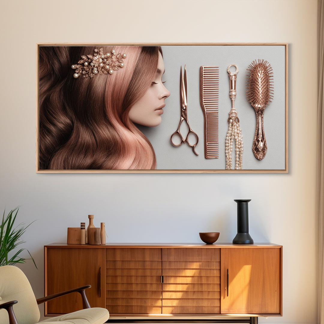Rose Gold Salon Tool Still Life Framed Canvas Print, Hair Salon Art, Luxury Decor, Living Room Decor, Fine Art, Style, HSA-2x1-34