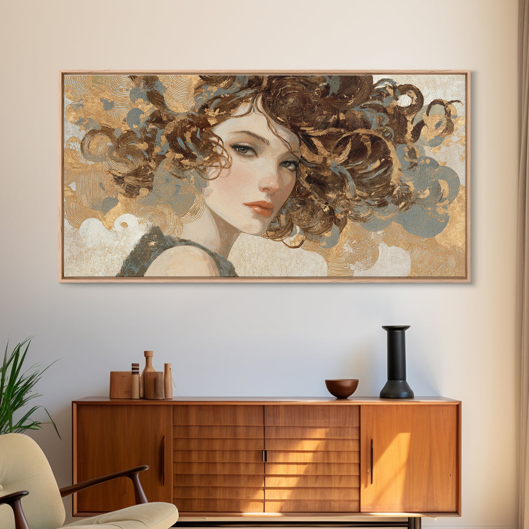 Curly Hair Portrait Framed Canvas Print, Hair Salon Art, Living Room Decor, Oil Painting, Style, Printable Art, HSA-2x1-35