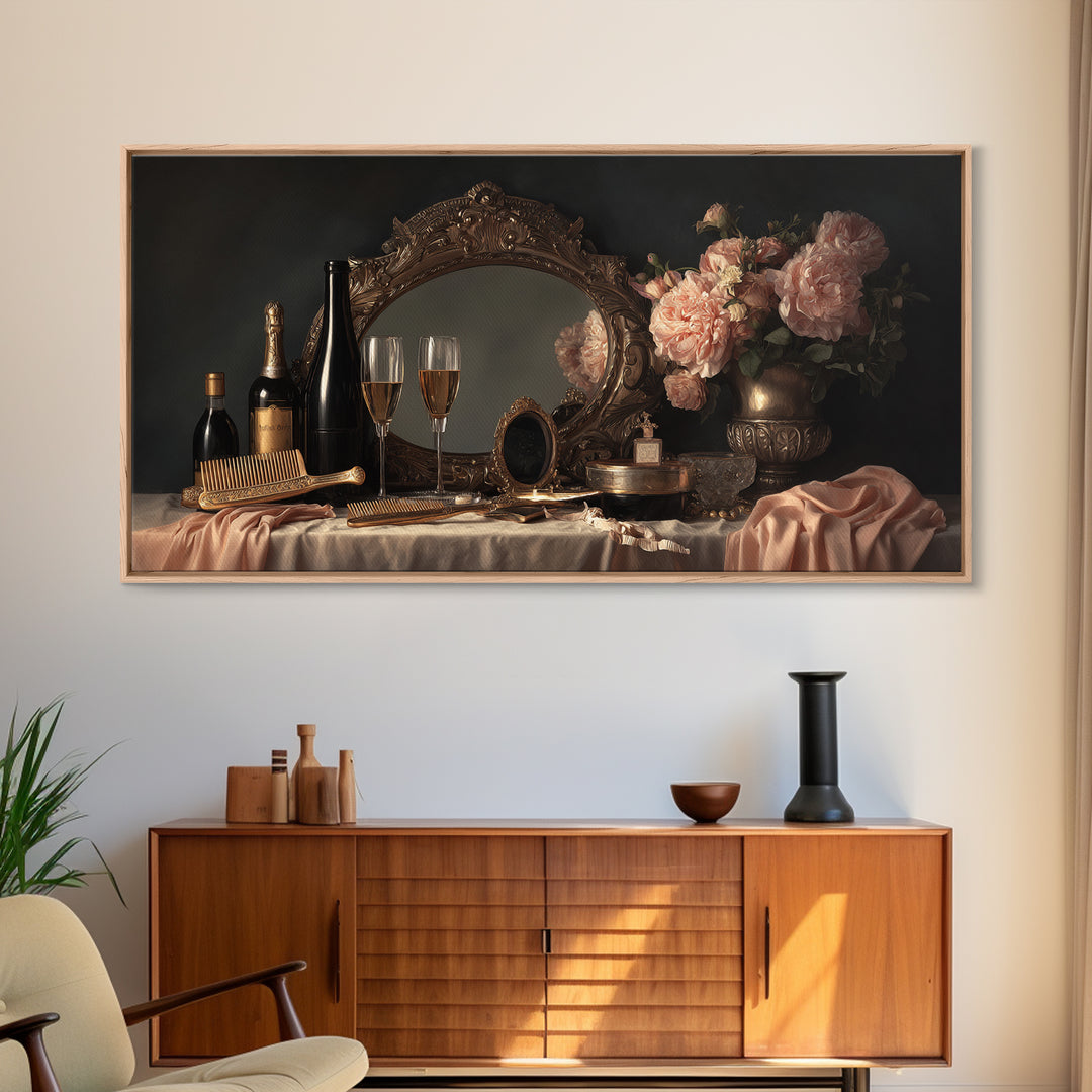 Baroque Mirror and Comb Still Life Framed Canvas Print, Hair Salon Art, Minimalist Decor, Living Room Decor, Fine Art, Style, HSA-2x1-37