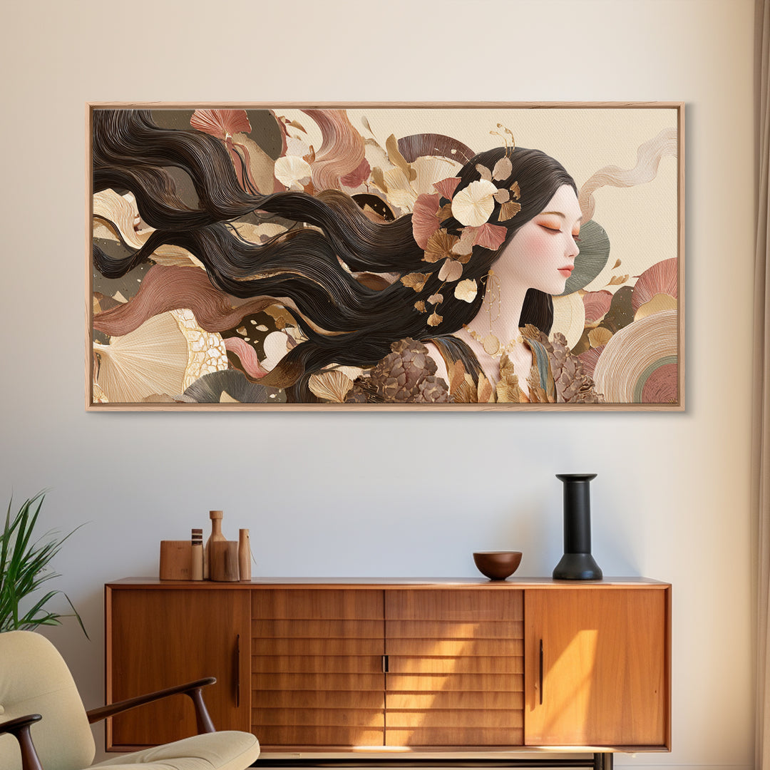 Fashion Portrait with Flowing Glossy Hair Framed Canvas Print, Hair Salon Art, Digital Art, Living Room Decor, Fine Art, Style, HSA-2x1-45