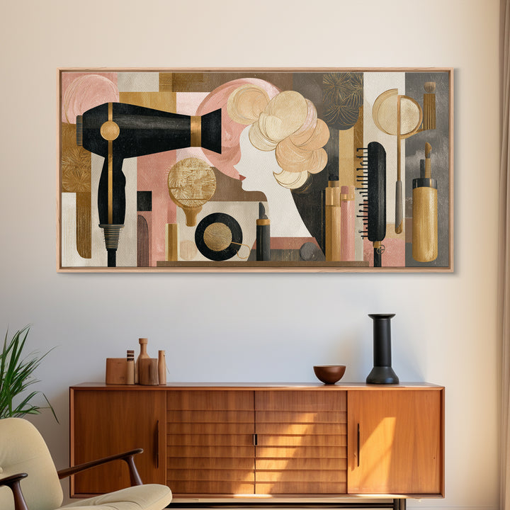 Hairdryer and Brush Framed Canvas Print, Hair Salon Art, Art, Living Room Decor, Watercolor Art, Style, Black Art Prints, HSA-2x1-5