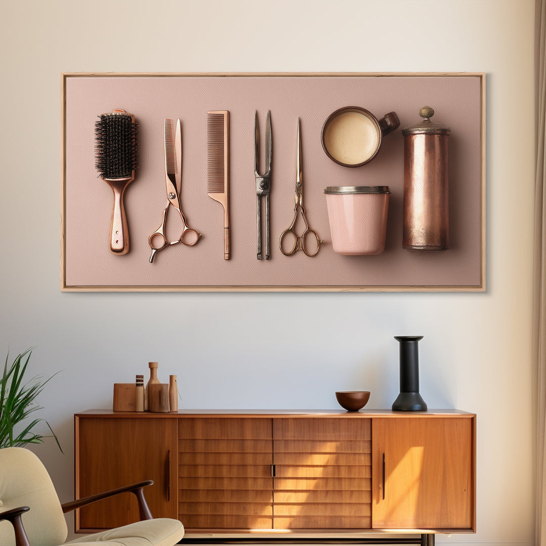 Rose Gold Salon Tool Still Life Canvas Print, Hair Salon Art, Wall Art, Living Room Decor, Fine Art, Style, Minimalist Wall Art, HSA-2x1-58