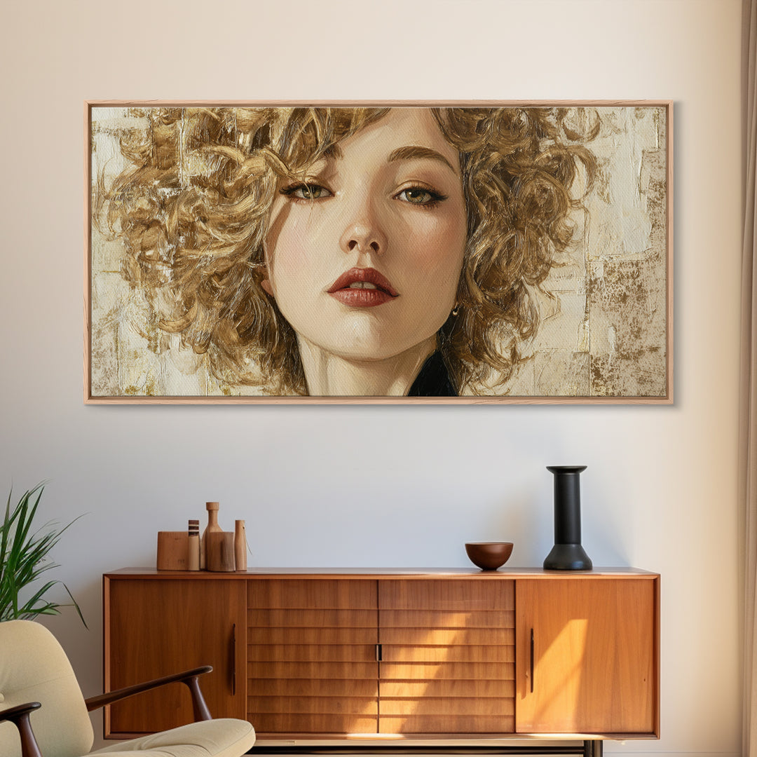 Curly Hair Portrait Framed Canvas Print, Hair Salon Art, Black and White Art, Living Room Decor, Fine Art, Style, Neutral Decor, HSA-2x1-59