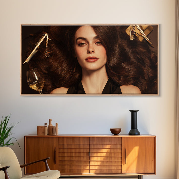 Luxury Black and Gold Beauty Emblem Canvas Print, Hair Salon Art, Metal Wall Art, Living Room Decor, Watercolor Art, Style, HSA-2x1-68