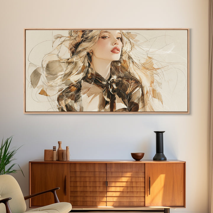 Fashion Portrait with Flowing Glossy Hair Canvas Print, Hair Salon Art, Modern Art, Living Room Decor, Fine Art, Style, HSA-2x1-69
