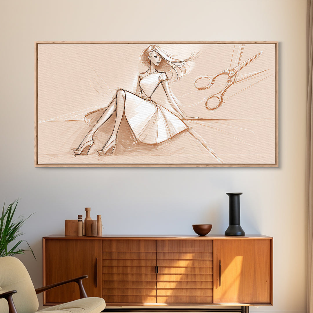 Black and White Line Art Salon Figure Framed Canvas Print, Hair Salon Art, Statement Artwork, Living Room Decor, Oil Painting, HSA-2x1-75