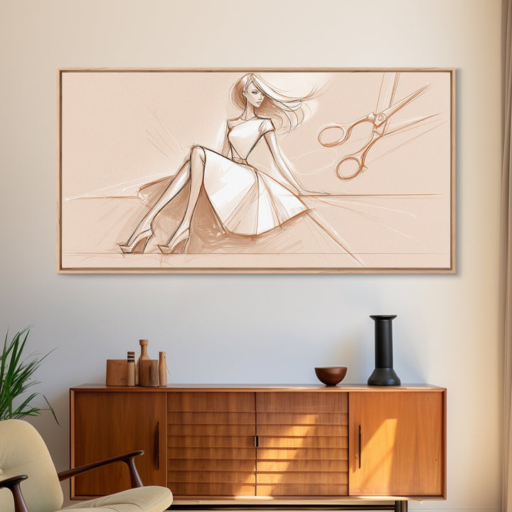 Black and White Line Art Salon Figure Framed Canvas Print, Hair Salon Art, Statement Artwork, Living Room Decor, Oil Painting, HSA-2x1-75