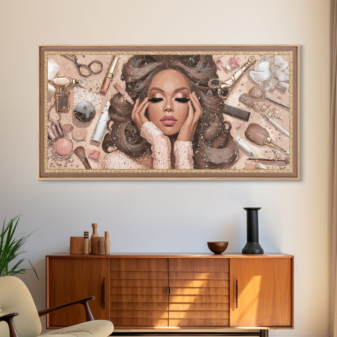 Glamour Face Portrait Canvas Print, Hair Salon Art, African Art, Living Room Decor, Fine Art, Style, Girls Room Decor, HSA-2x1-76