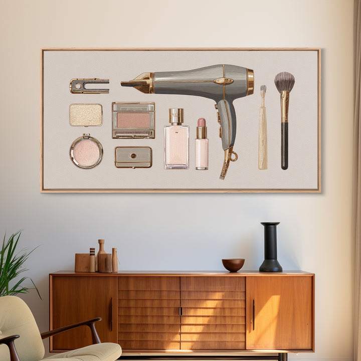 Hairdryer and Brush Canvas Print, Hair Salon Art, Metal Wall Art, Living Room Decor, Oil Painting, Style, Black and White Art, HSA-2x1-77