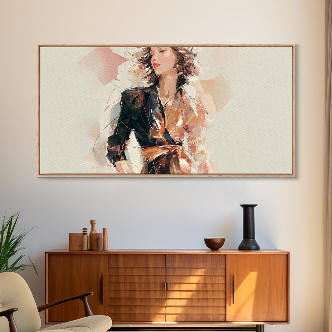 Colorful Fashion Illustration of a Stylish Woman Framed Canvas Print, Hair Salon Art, Black Art, Living Room Decor, Style, HSA-2x1-81