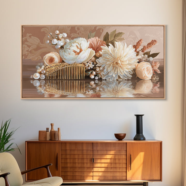 Baroque Mirror and Comb Still Life Framed Canvas Print, Hair Salon Art, Printable Art, Living Room Decor, Fine Art, Style, HSA-2x1-85