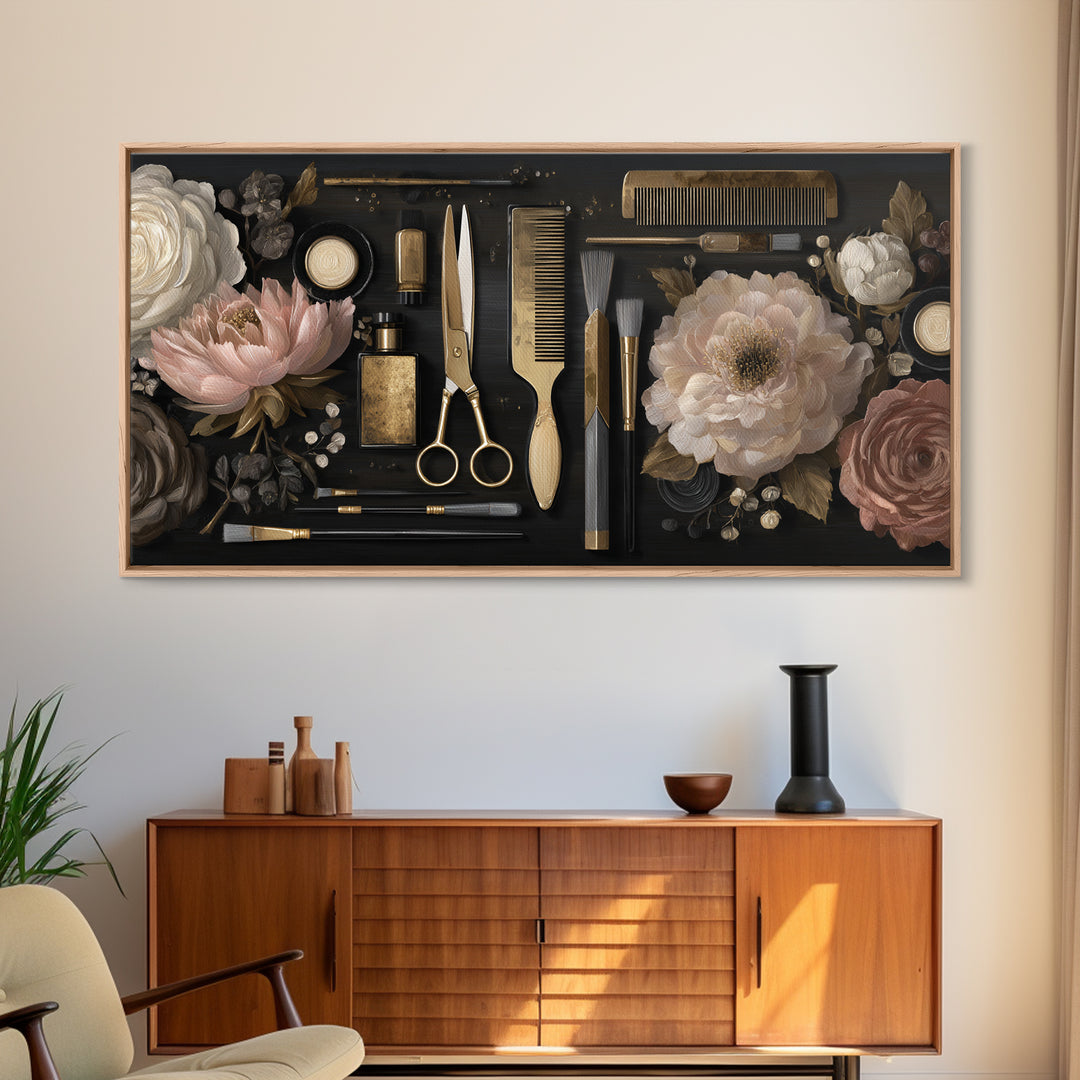 Luxury Black and Gold Beauty Emblem Framed Canvas Print, Hair Salon Art, African American Art, Living Room Decor, Oil Painting, HSA-2x1-92
