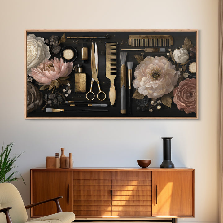Luxury Black and Gold Beauty Emblem Framed Canvas Print, Hair Salon Art, African American Art, Living Room Decor, Oil Painting, HSA-2x1-92