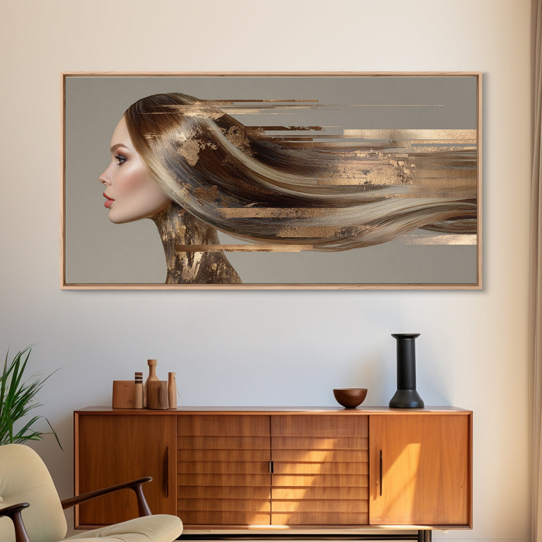 Fashion Portrait with Flowing Glossy Hair Canvas Print, Hair Salon Art, Modern Art, Living Room Decor, Fine Art, Style, HSA-2x1-93