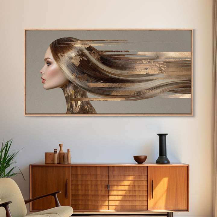 Fashion Portrait with Flowing Glossy Hair Canvas Print, Hair Salon Art, Modern Art, Living Room Decor, Fine Art, Style, HSA-2x1-93