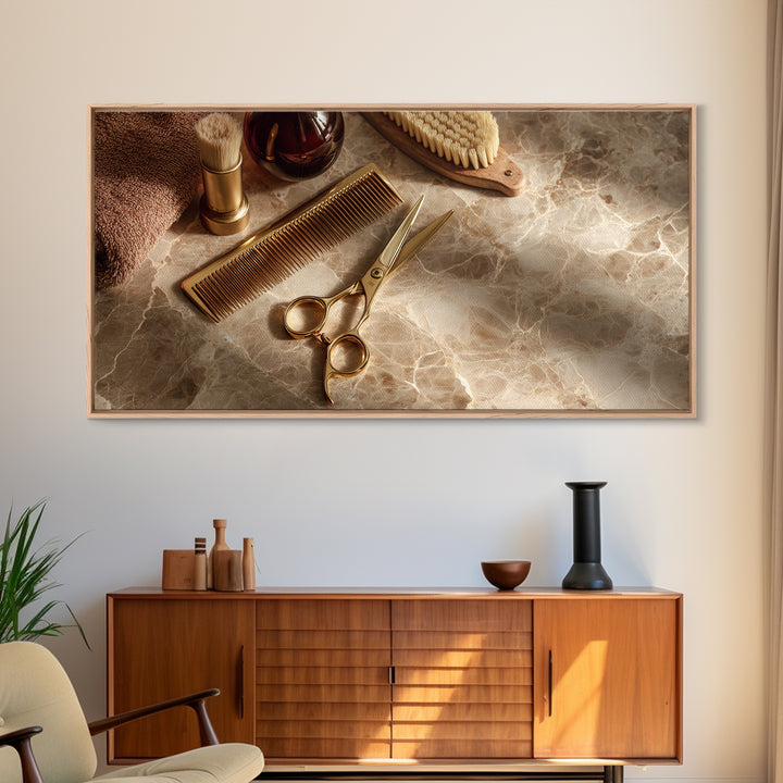 Gold Scissors and Comb Still Life on Canvas Print, Hair Salon Art, Wall Decor, Living Room Decor, Fine Art, Style, African Art, HSA-2x1-94