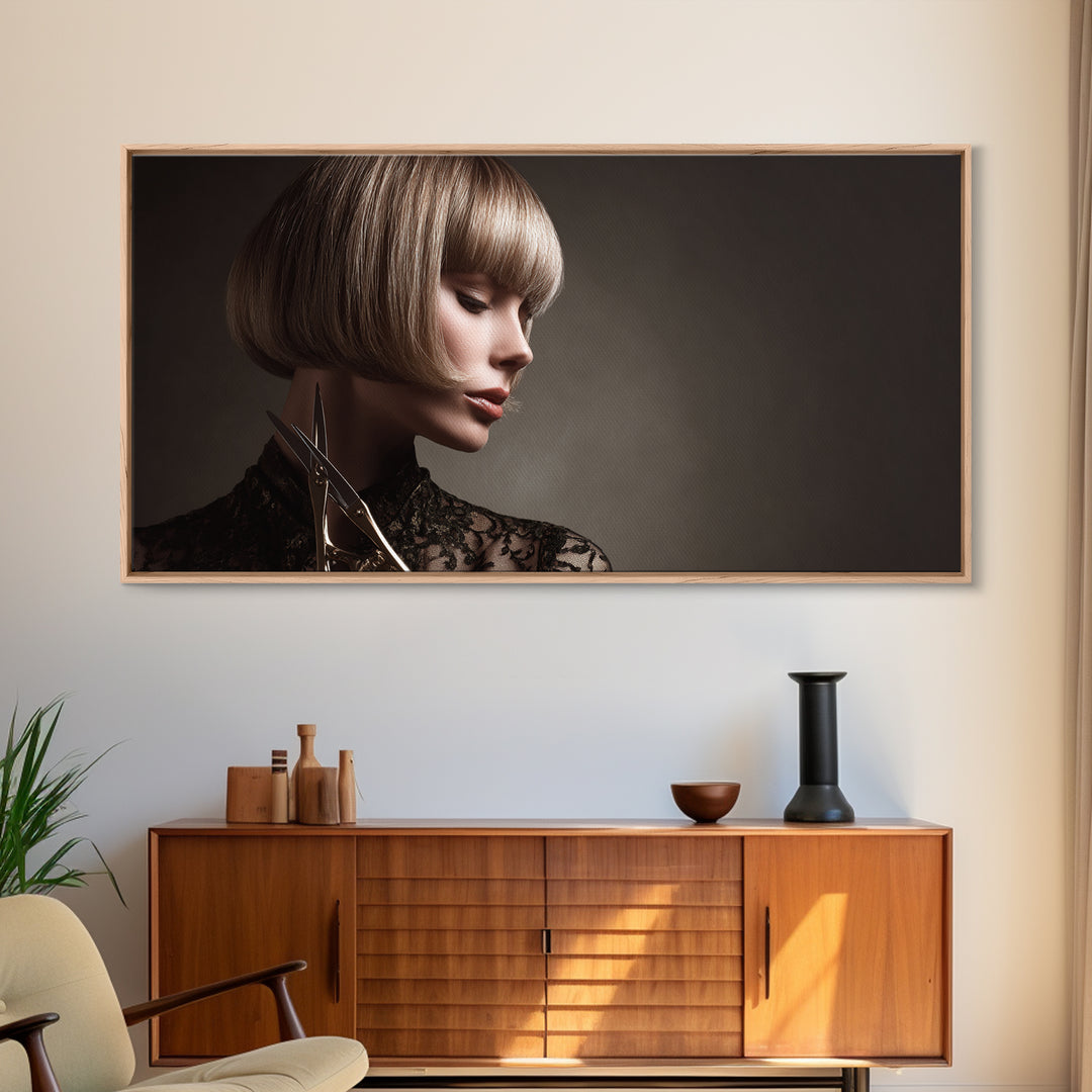 Woman with Dramatic Bob Haircut in Art Framed Canvas Print, Hair Salon Art, Black and White Art, Living Room Decor, Style, HSA-2x1-96