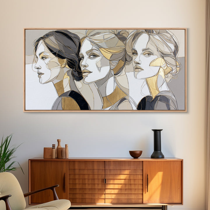 Black and White Line Art Salon Figure Framed Canvas Print, Hair Salon Art, Black Art Prints, Living Room Decor, Fine Art, Style, HSA-2x1-99