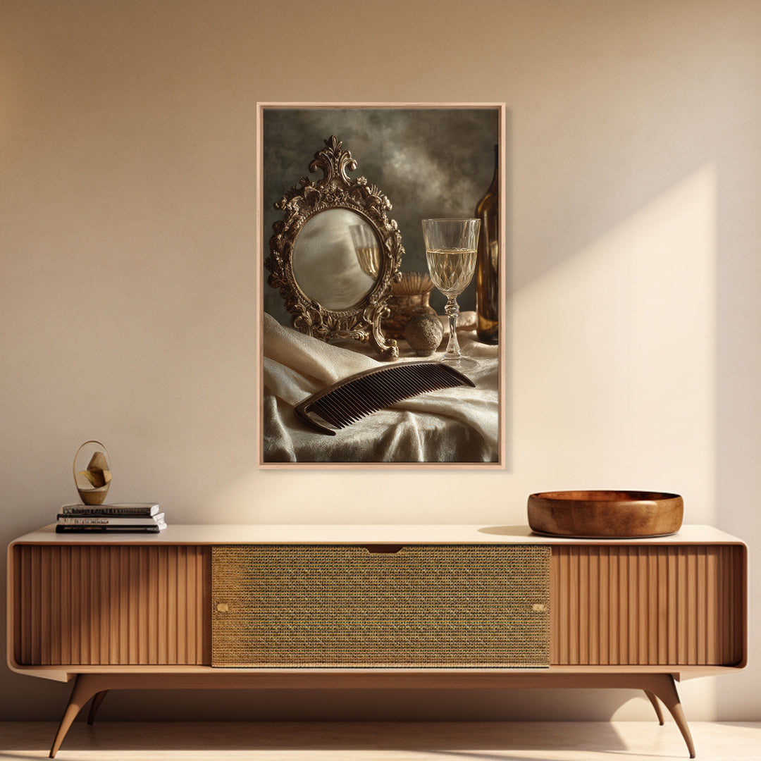 Baroque Mirror and Comb Still Life Framed Canvas Print, Hair Salon Art, Wall Art, Living Room Decor, Fine Art, Style, HSA-2x3-25