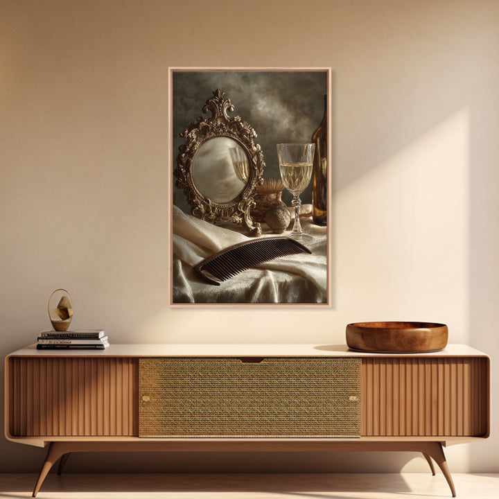 Baroque Mirror and Comb Still Life Framed Canvas Print, Hair Salon Art, Wall Art, Living Room Decor, Fine Art, Style, HSA-2x3-25